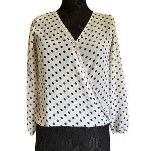 a'gaci Black and White Polka Dot Sheer Faux Wrap Blouse Long Sleeve NWOT